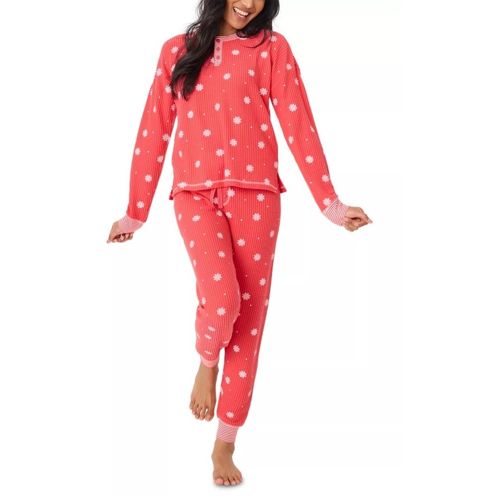 PJ Salvage Snowflake Wishes Waffle Knit Pajama Set Red White Small NEW